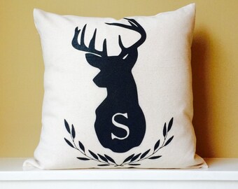 Personalized Buck Silhouette - Monogrammed Deer - Woodland Deer with Laurel Stems - Natural Canvas Pillow