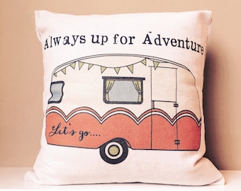 Vintage Caravan - Camper - Always Up for Adventure - Natural Canvas Pillow