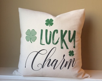 Lucky Charm - St. Patricks Day - Clover - Shamrock - Natural Canvas Pillow