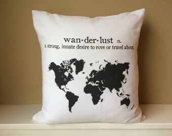 Wanderlust World Map Pillow, Travel Gift, White Cotton
