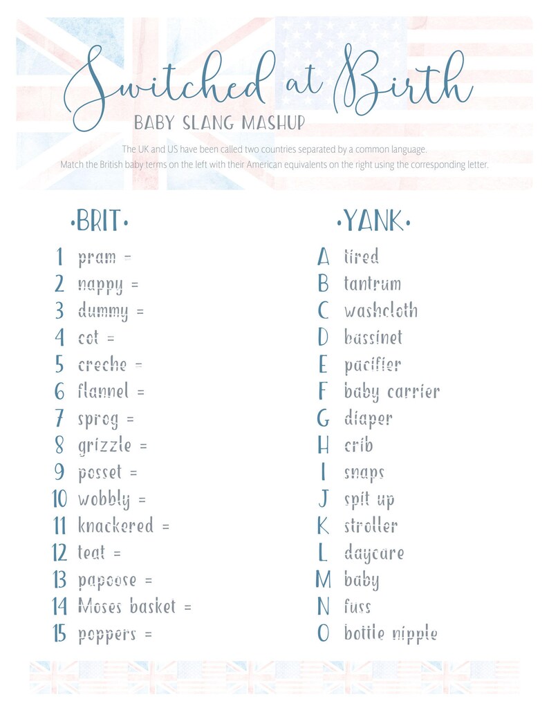 Switched at Birth British Baby Slang Shower Game Tea Party Etsy