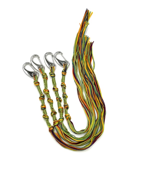 Tzitzits with clips, 4pc light green, gold, orange, fuchsia, and a medium wash blue