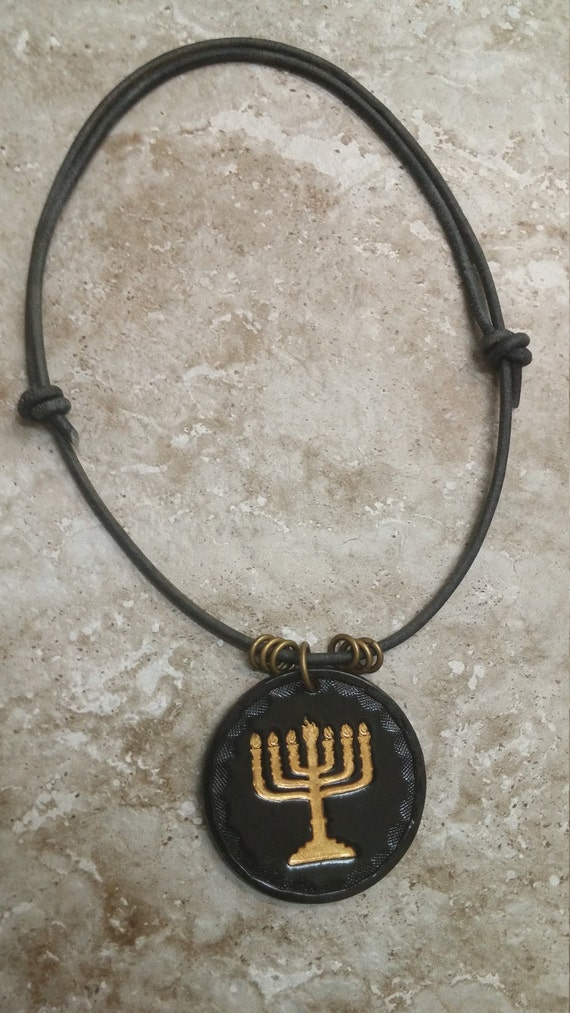 Hebrew MENORAH Leather Necklace Black and gold Jewish Hebrew Etsy