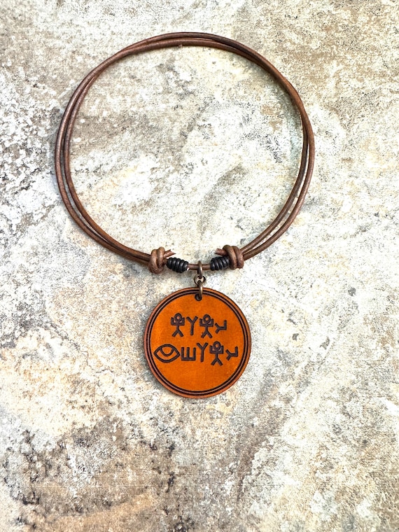 YHWH Necklace, PICTOGRAPH Hebrew Yahuah-Yahusha (Yeshua) Paleo Hebrew Leather Pendant on Leather cord
