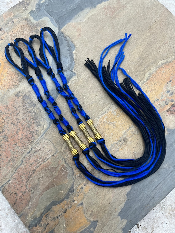 Torah Tzitzits 4pc set ROYAL BLUE and Black Tzitzits, YHWH (10-5-6-5) Knotted for accuracy, knotted loops, Torah Fringe Tzits tsitsits
