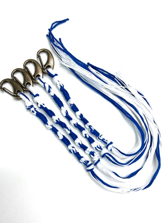 TZITZITS with CLIPS 4pcs Tzitzits Traditional Blue White Antique brassclip Tzitzits YHWH (10-5-6-5) Knotted for accuracy, Torah Fringe Tzits