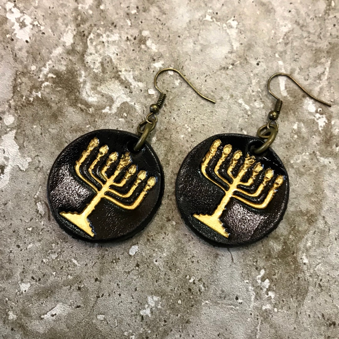 Menorah Earrings Black and Gold Hebrew Earrings Israel Yisrael Etsy
