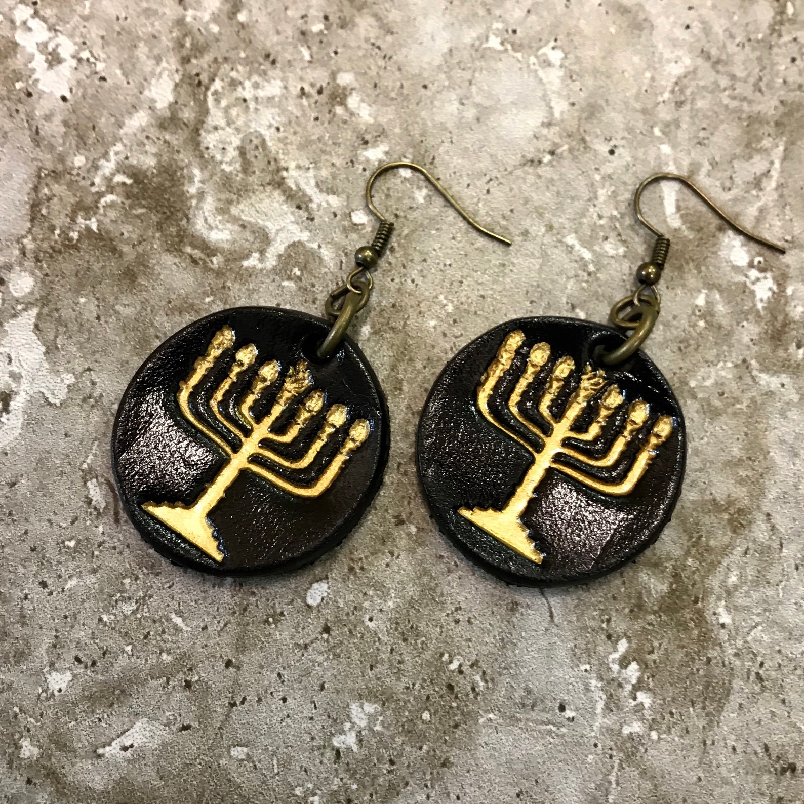 Menorah Earrings Black and Gold Hebrew Earrings Israel Yisrael Etsy