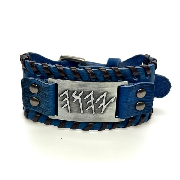 Paleo Hebrew Leather cuff BLUE bracelet YHWH, Paleo Hebrew Jewelry, Yahuah bracelet, Adjustable