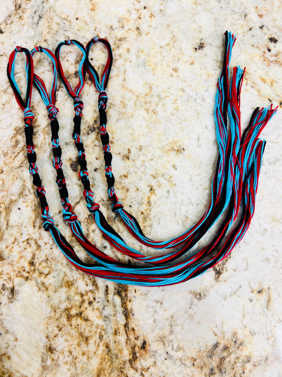 TZITZIT Set of 4 Teal, Red and Black Tzitzits YHWH 10-5-6-5 Knotted for ...