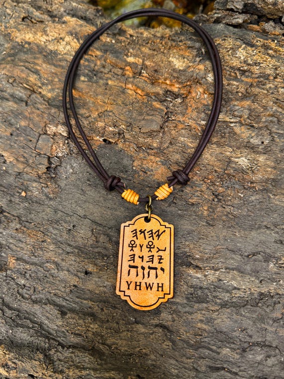 YHWH NECKLACE, Hebrew Jewelry with YHWH in Paleo, Modern, Pictograph, Aramaic, English, handmade  Hebrew Handmade Leather Necklace