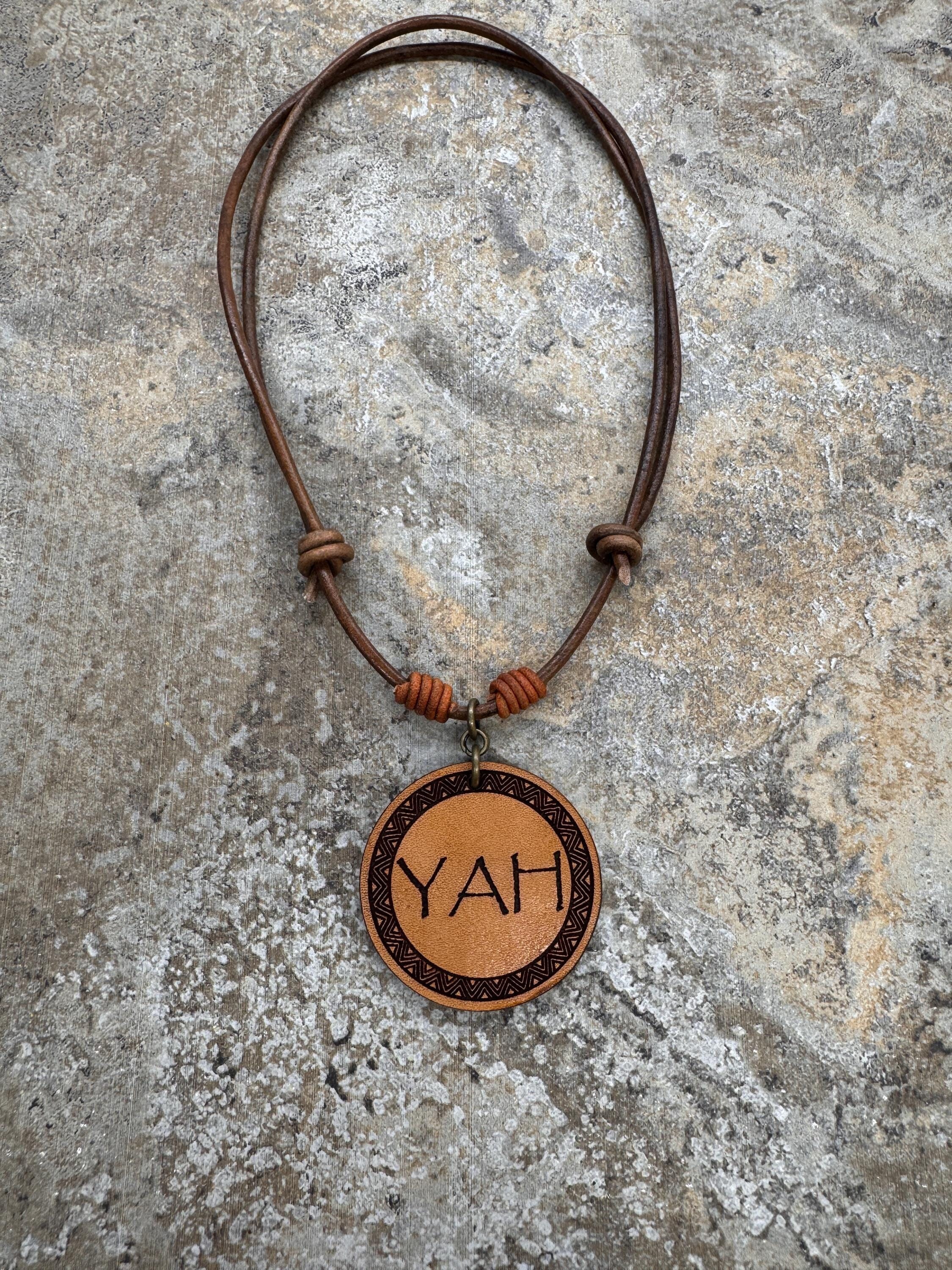YAH Necklace English- Hebrew Name of Father, handmade leather pendant