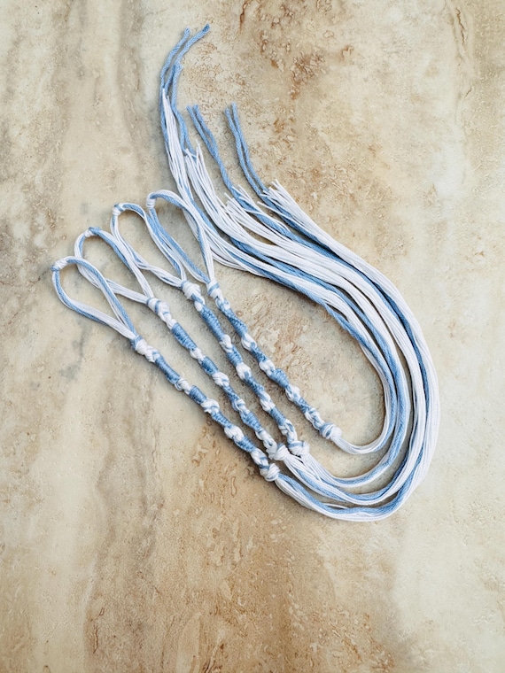 Tzitzit set of 4 Light Blue and White cotton tzitzits YHWH (10-5-6-5) Knotted for accuracy, knotted loops, Torah Fringe tzits
