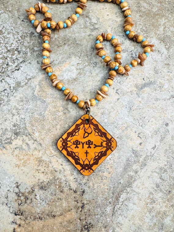 YHWH Necklace Leather pendant Ancient Hebrew Aleph Tav, YHWH Behold Nail Behold hand, Crown of Thorns border, hand beaded strand