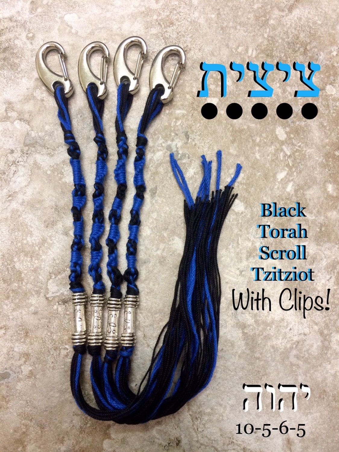 Tzitzit Set of 4 Black Blue Torah Scrolls W Beltloop Clips and Torah