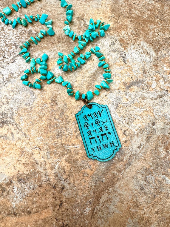 YHWH Necklace, LEATHER pendant, Stone necklace, with Paleo Hebrew, modern Hebrew, Phoenician, English,  pictograph behold-nail-behold-hand