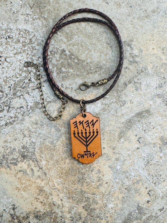 Menorah necklace leather Arrowhead YHWH Yahusha Father and Son in Paleo Hebrew