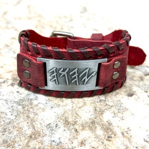 Paleo Hebrew Leather cuff WASHED RED YHWH, Paleo Hebrew Jewelry, Yahuah bracelet, Adjustable