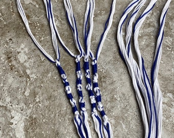 Tzitzits 4pc Thin WOOL threads (Large Loop Attachment) Choose Length, royal blue-white wool tzitzits Choose Length-Y.H.W.H knots (10-5-6-5)