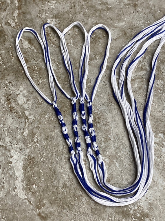 Tzitzits 4pc Thin WOOL threads (Large Loop Attachment) Choose Length, royal blue-white wool tzitzits Choose Length-Y.H.W.H knots (10-5-6-5)