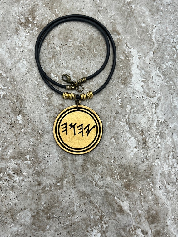 Paleo HEBREW Big 2 inch YHWH Rustic  Leather Necklace Black Gold Jewish Hebrew Torah Messianic