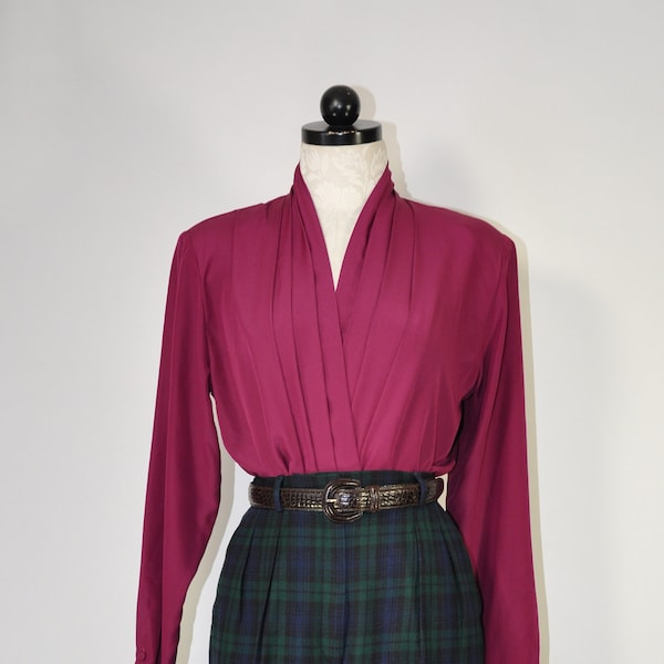 80s berry purple pleated blouse / elegant draped silky top / 1980s deep V wrap shirt