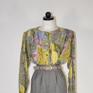 90s botanical print silk shirt / baroque puff sleeve blouse / maximalist strong shoulders top