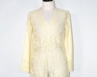 60s cream crochet lace bell sleeve cardigan / vintage bohemian open front beach cover up