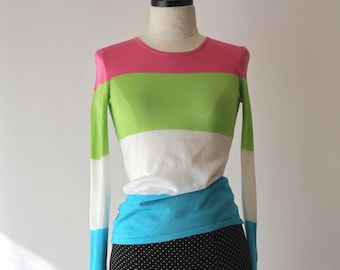 Y2K neon colors Ralph Lauren crew sweater / wide stripe colorblock cotton knit top pullover