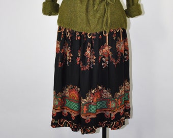 80s dark floral garland skirt / 1980s spice brown full skirt / harvest feast midi skirt