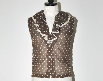 60s dark brown ruffled top / 1960s polka dot vest / sheer sleeveless blouse