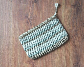 70s neutral beige woven raffia small clutch / bohemian striped crochet straw purse