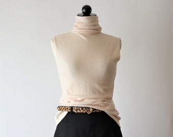 90s cream cashmere top / 1990s buttery knit shell / sleeveless turtleneck sweater