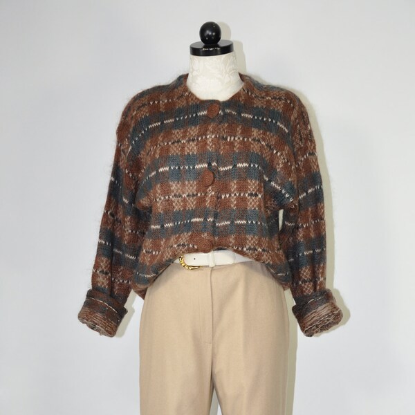 90s fuzzy mohair cardigan / brown and gray knit top / oversized button front sweater