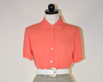90s salmon silk blouse / sheer silk minimalist top / Y2K pink short sleeve shirt