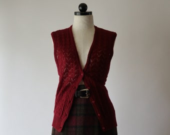 70s cabernet wine knit top / 1970s mohair crochet vest / pointelle sleeveless sweater