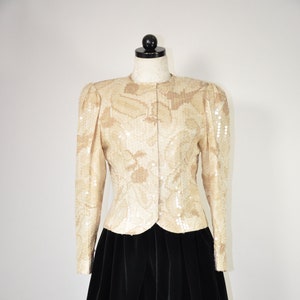 90s beige sequin silk jacket / vintage puff sleeve jacket / 1990s neutral colors cropped blazer