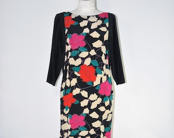 80s red rose print silk shift dress / vintage Nora Noh puff sleeves floral dress
