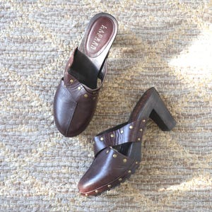 90s Ralph Lauren brown studded clogs / leather slip on wood platform mules shoes 6