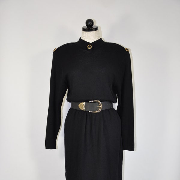 80s knit wool dress / black military dress / St John sweater dress