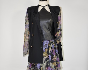 90s black floral chiffon skirt suit / vintage blazer and mini skirt set