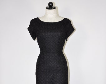 50s black wiggle dress / 1950s crochet ribbon dress / boat neck cocktail dress