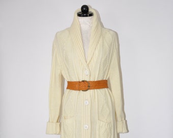 70s cream long cardigan / 1970s cable knit cardigan / folk acrylic knit sweater coat