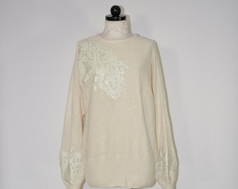 90s ivory silk sweater / 1990s oversize pullover / leather cutout sweater
