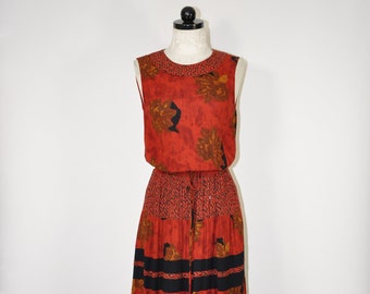 90s sienna brown dress / rust red floral maxi dress / rayon crepe long dress