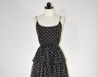polka dot full skirted ruffle dress / black strappy layered dress / spaghetti strap tiered sundress