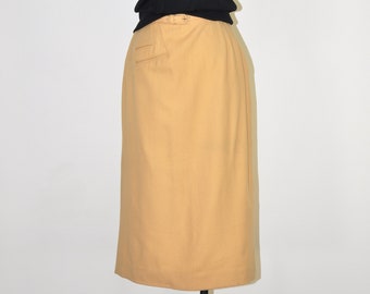 50s honeycomb yellow wool pencil skirt / vintage belted fitted midi skirt