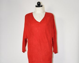 80s red suede cocoon dress / 1980s brushed leather dress / valentine red minimalist dress