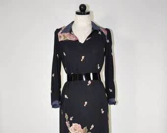 70s black floral rayon shift dress / 1970s rose bouquet bohemian tunic dress