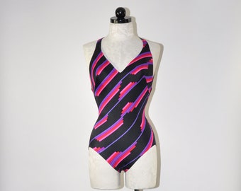 60s striped racerback swimsuit / one piece backless bathing suit / violet stripes maillot
